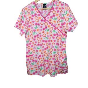 Zoe Chloe Pink Cherry Heart Print Scrub Top V Neck Short Sleeve Women's M